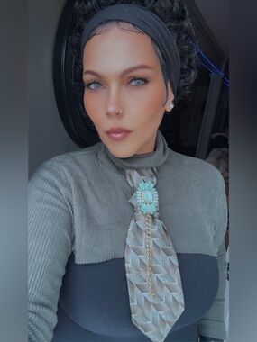 Geometric Pattern Necktie with Turquoise Brooch